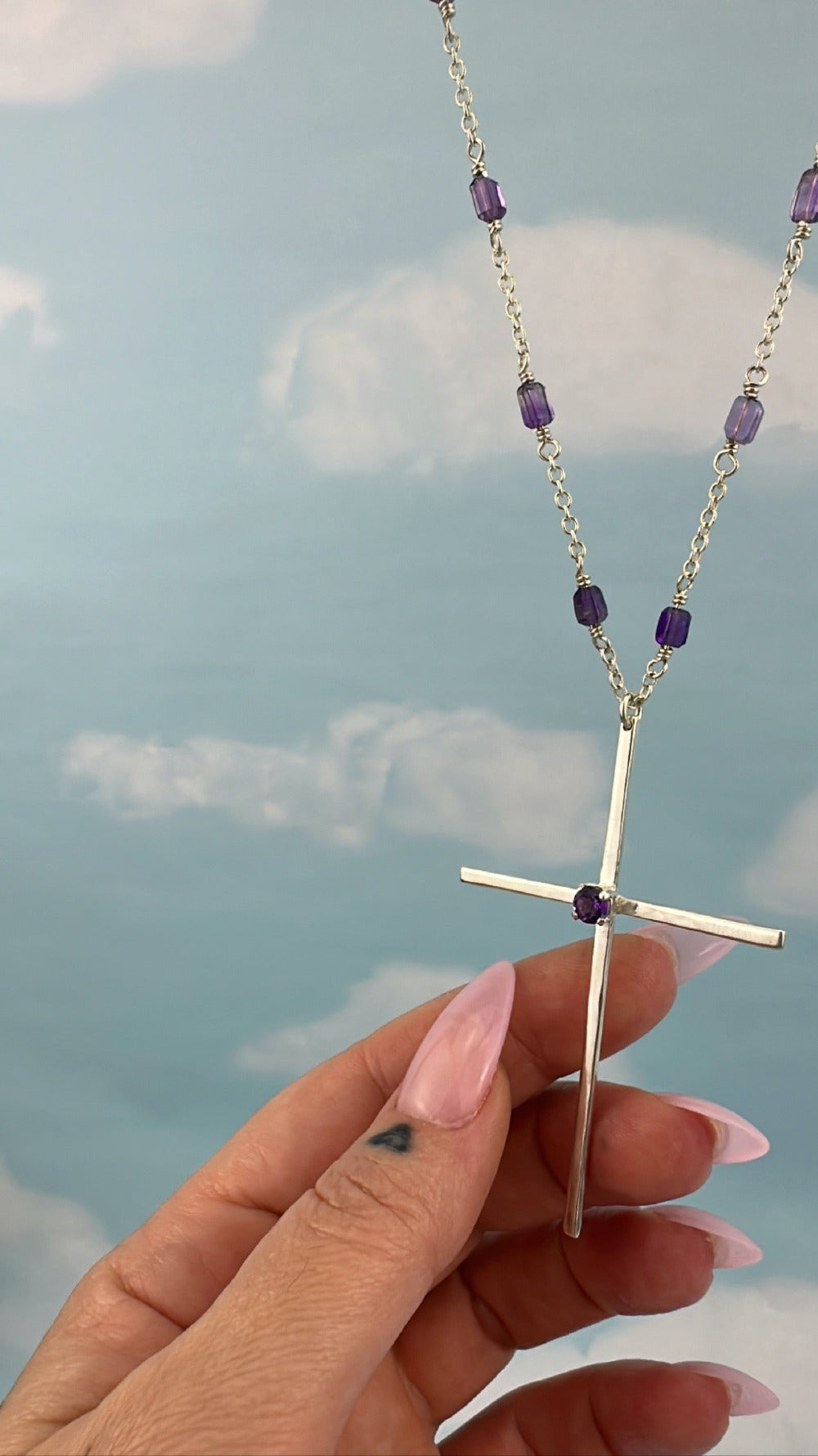 "PaPa don't PREACH" Large Cross Necklace with Amethyst.