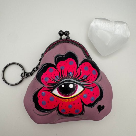 Protective eye leather pouch in Lavender with Heart Selenite crystal.