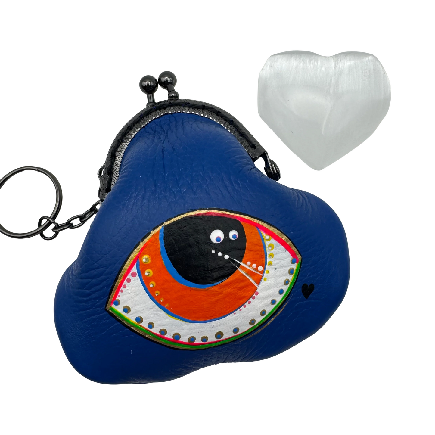 Protective eye leather pouch in Blue with Heart Selenite crystal.