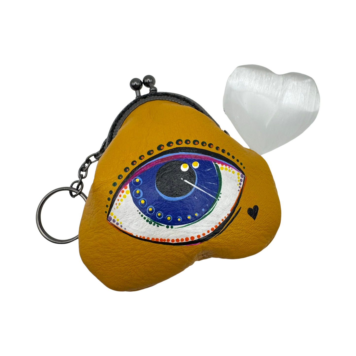 Protective eye leather pouch in Yellow with Heart Selenite crystal.