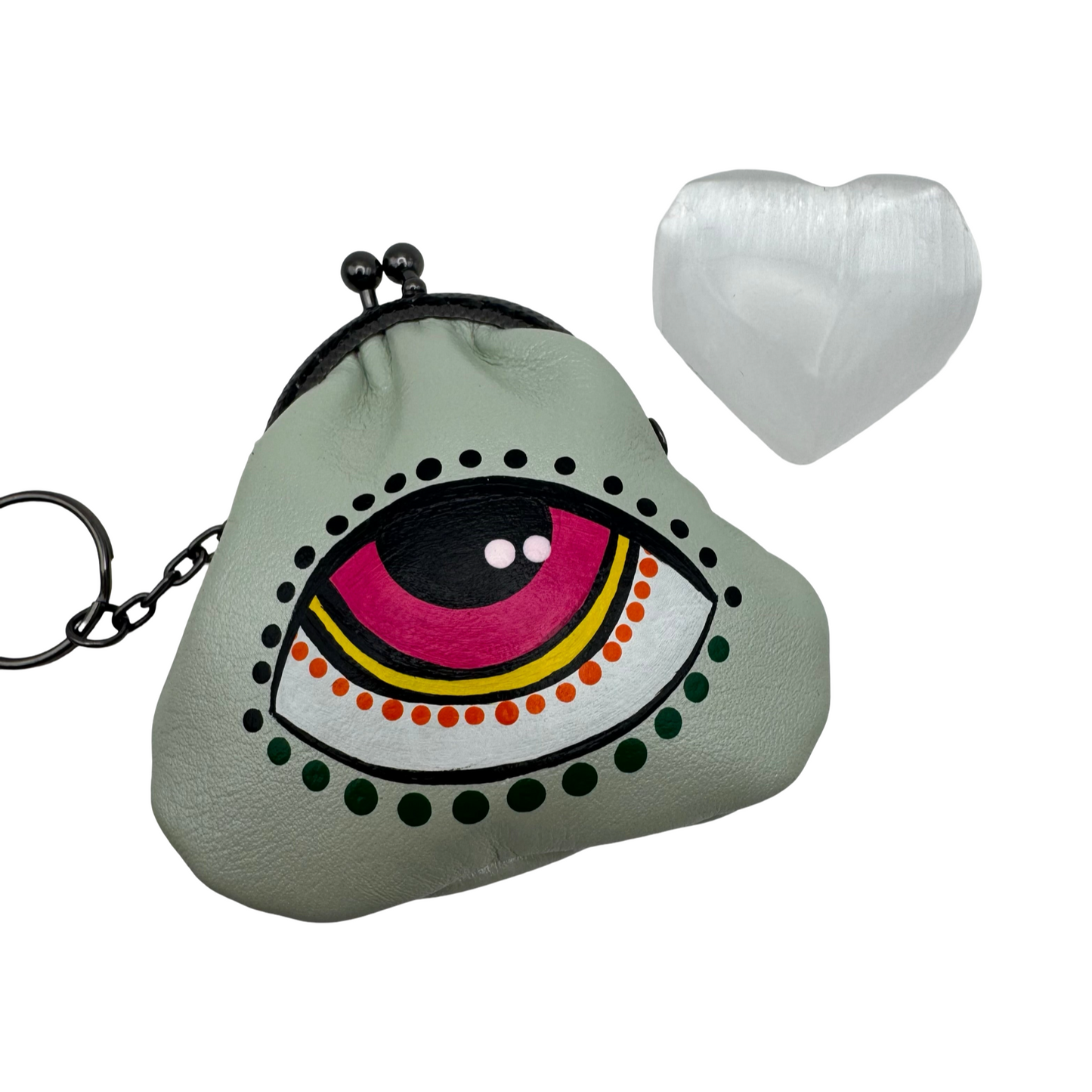 Protective eye leather pouch in Light Green with Heart Selenite crystal.