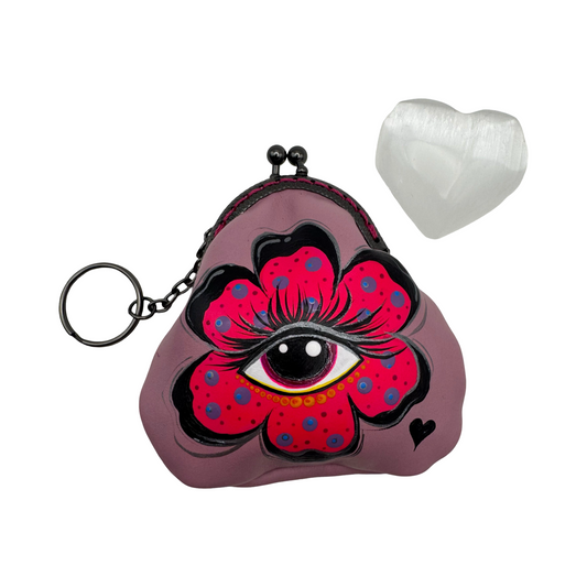 Protective eye leather pouch in Lavender with Heart Selenite crystal.