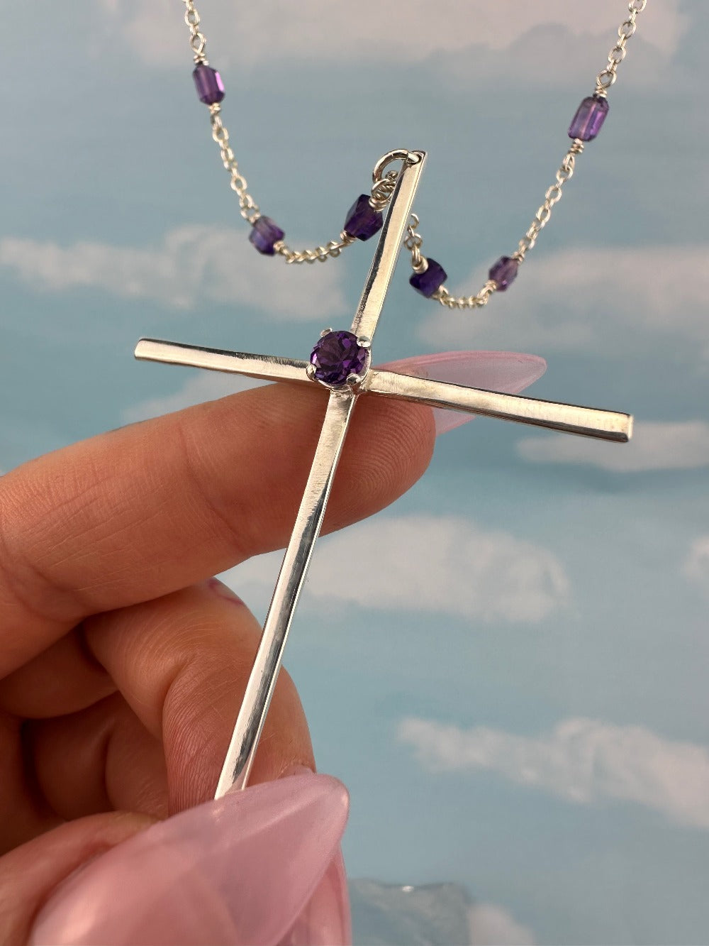 "PaPa don't PREACH" Large Cross Necklace with Amethyst.