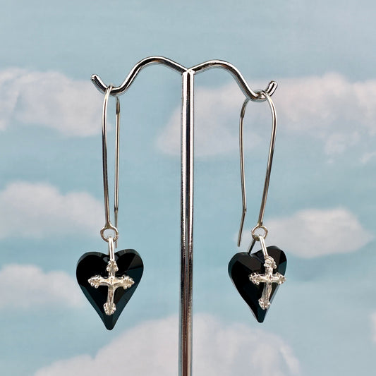 Cross Long earrings with Black Crystal Heart.