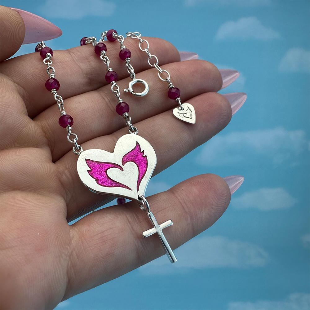 Open Heart Necklace with hand beaded Rubies chain.