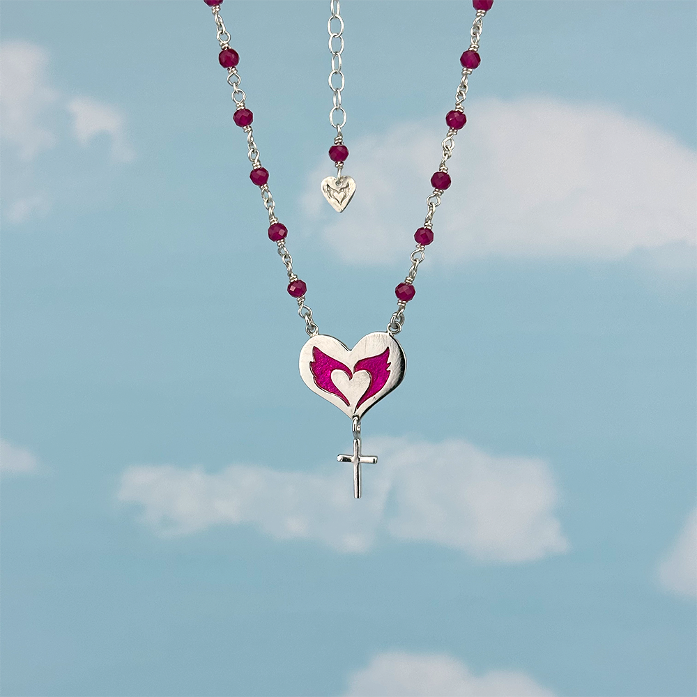 Open Heart Necklace with hand beaded Rubies chain.
