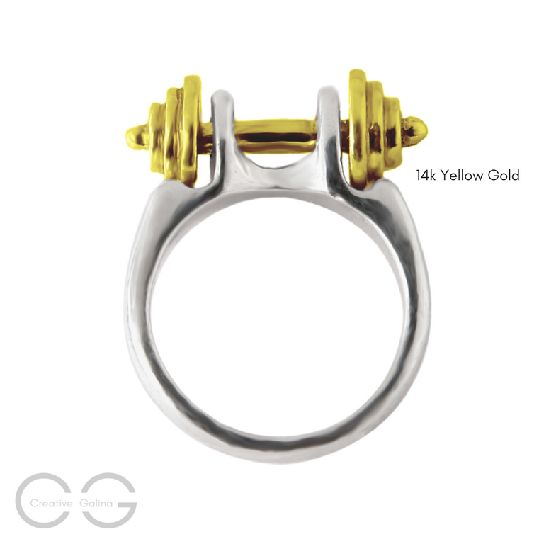 Two-Tone 14k Yellow Gold Dumbbell Jewelry Silver Ring