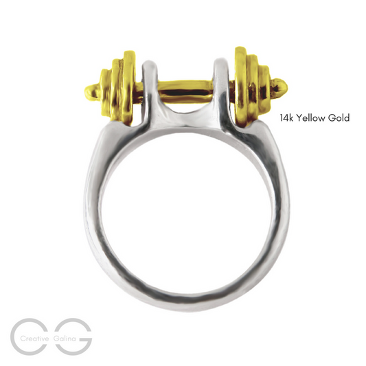 Two-Tone 14k Yellow Gold Dumbbell Jewelry Silver Ring